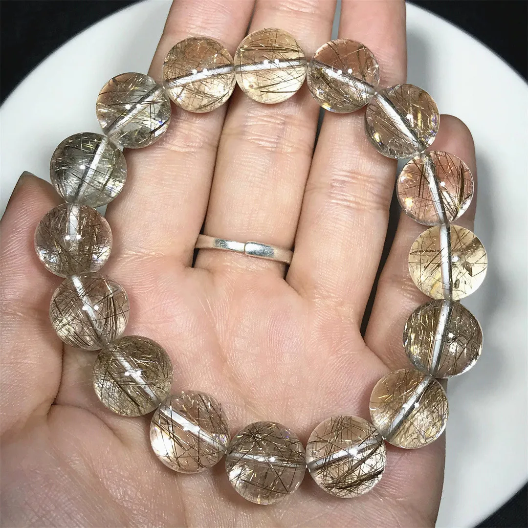 

13mm Natural Silver Brookite Platinum Rutilated Quartz Bracelet For Woman Man Clear Beads Reiki Crystal Strands Jewelry AAAAA