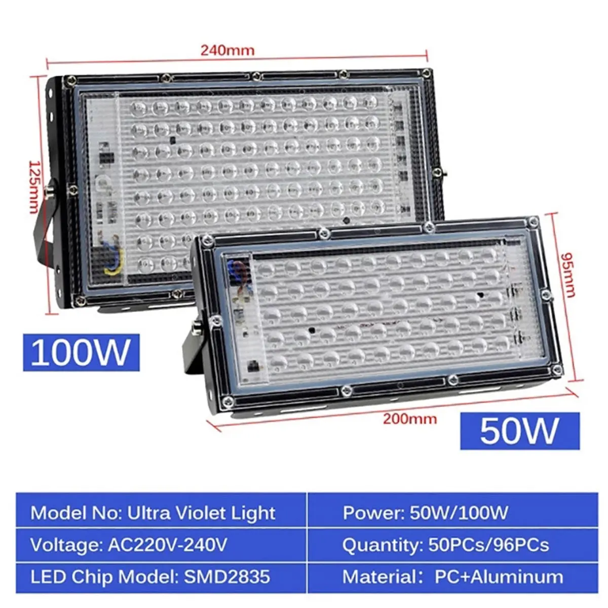 

Светодиодный УФ-прожектор, 50/100 Вт, IP65