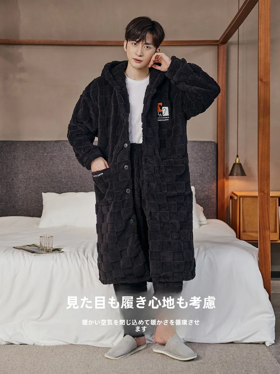 Men's Pajamas Autumn and Winter Thickened Coral Fleece Nightgown 2024 Long Hood Bathrobe Homewear Set