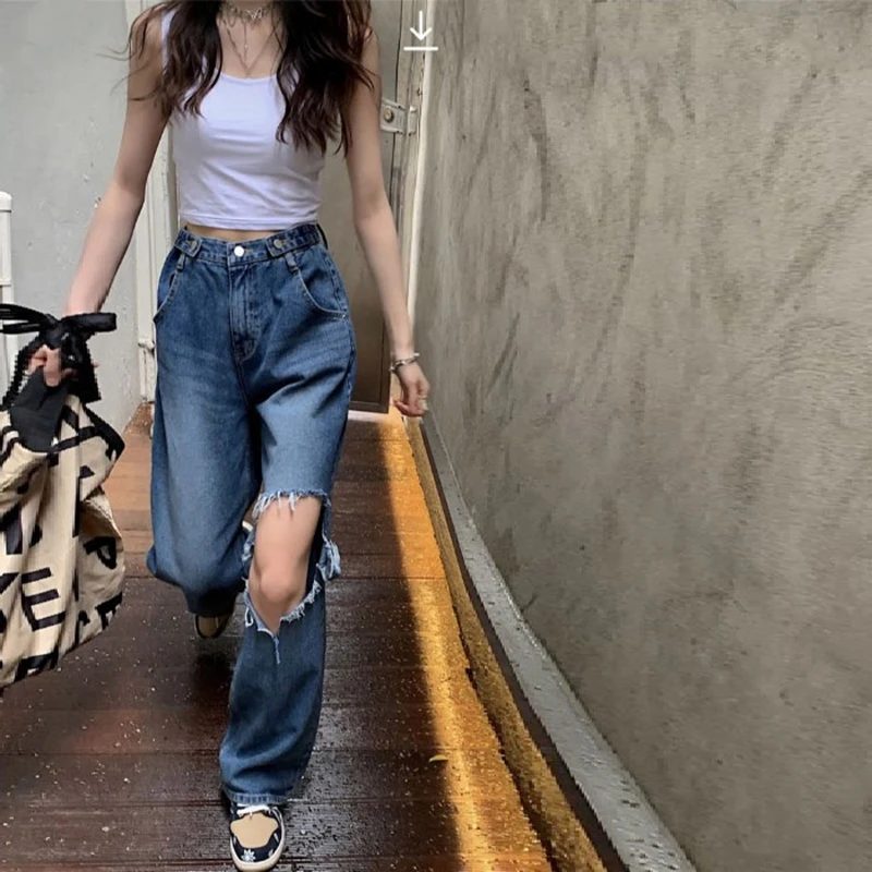 

Thin Section Dangling Hole Jeans Women's Summer High Waist Loose Straight Wide Leg Mopping Long Pants Ins Tide High Street