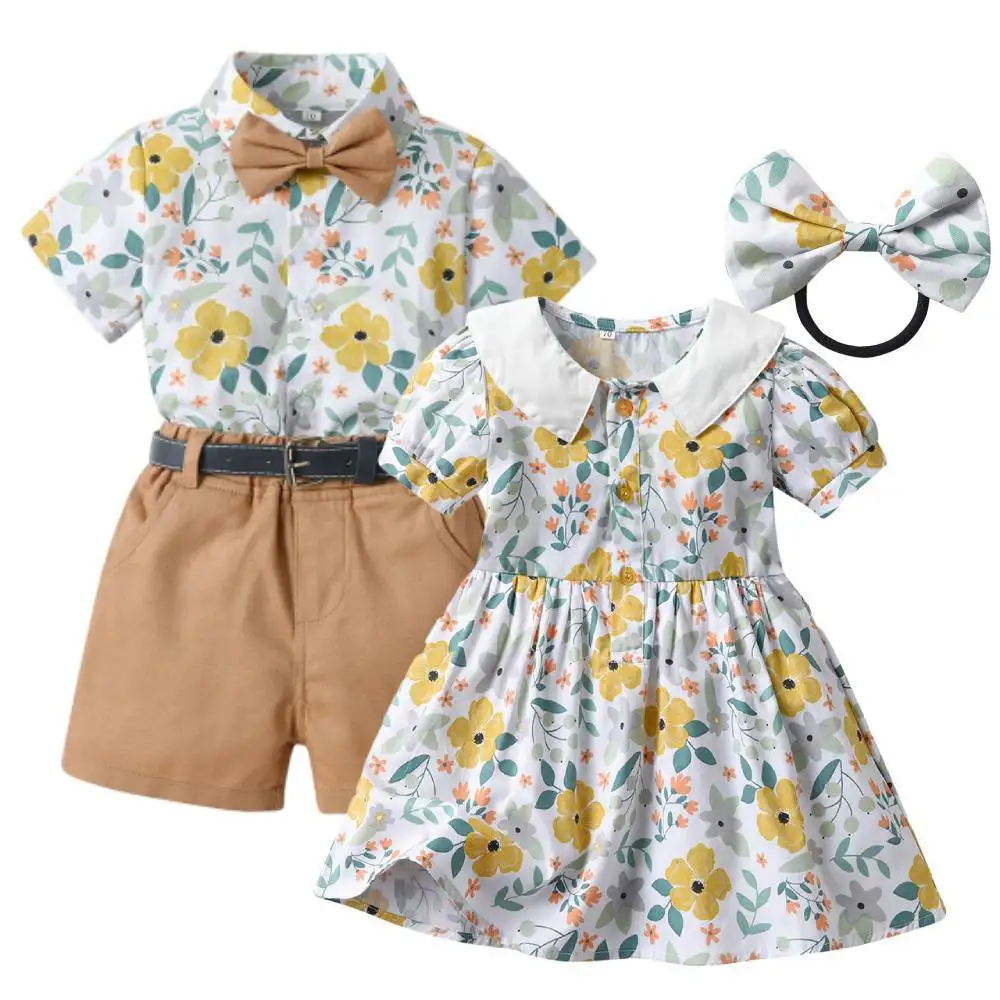 

New Sibling Clothes Summer Korean Version of Boys and Girls Baby Pastoral Short Sleeve Flower Shirt Send Belt Shorts Suit