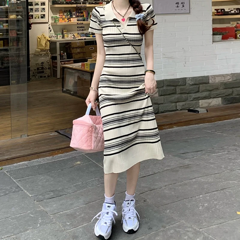 

Striped Polo neck knitted dress women's summer 2022 new design sense of minority Korean Department gentle temperament skirt