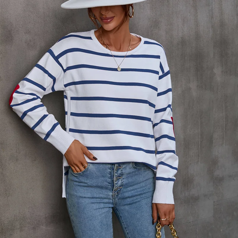 

Autumn Winter Stripes Elbow Love Sweater Round Neck Pullover Knit Sweater Casual All-match Oversized Sweater Women Sueter Mujer