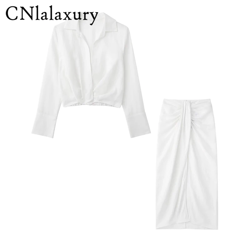 

CNlalaxury 2022 Summer Woman New White Short Shirt Linen Blend Long Sleeves V neck Blouse Chic Top Solid Color Blusas Female