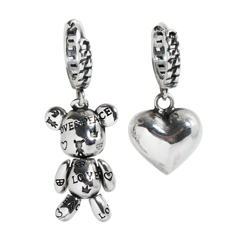 

Vintage Silver Color Plated Earrings For Women Prevent Allergy Asymmetric Bear Love Heart Dangle Hoop Earring Fashion Jewelry