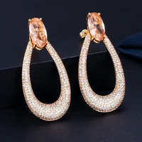 threegraces fashion designer champagne micro pave cubic zircon crystal gold color long big round drop earrings for women er327