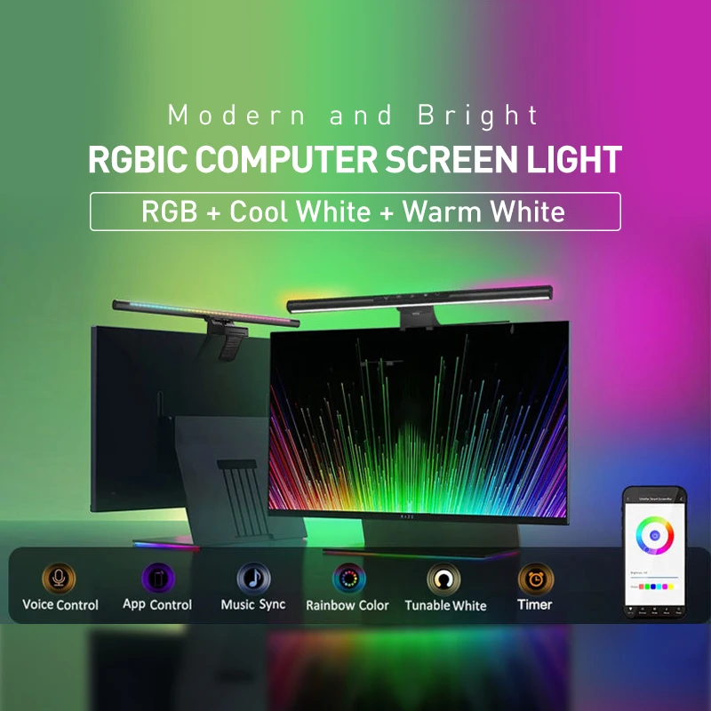 RGBIC LED Computer Display Hanging Lamp Smart App Control Dimmable Double Sided Bright Monitor Screen Ambient Decoration Lights