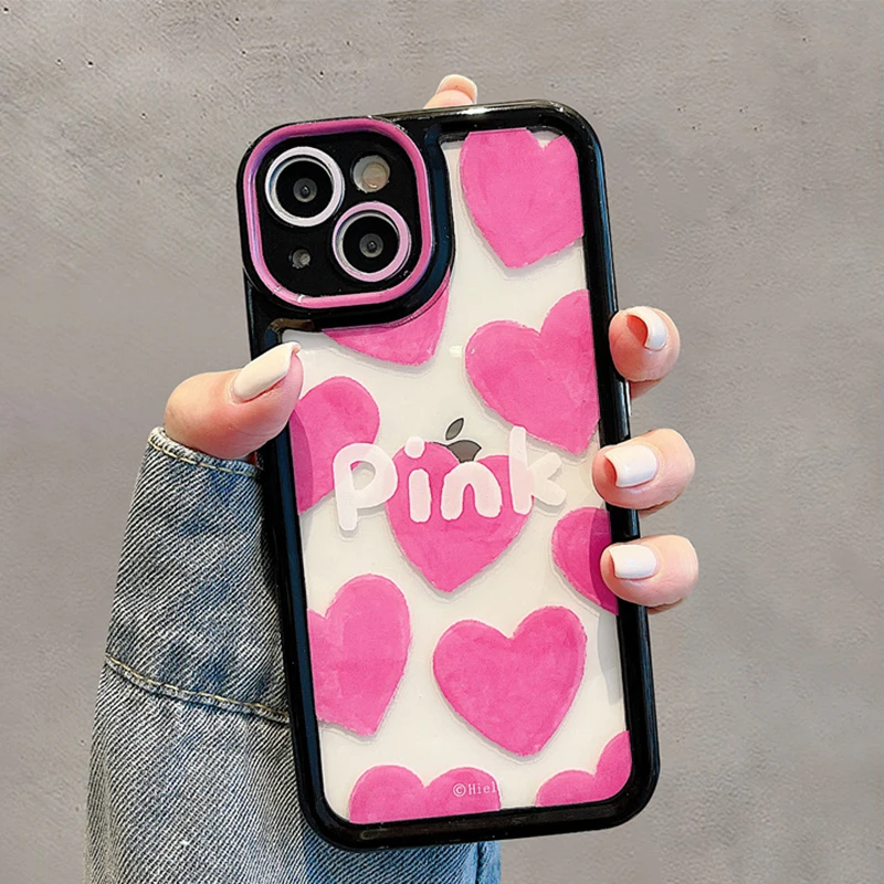 

Fashion Pink Letter Heart Pattern Acrylic Hard Back Cover For iPhone 13 Pro Max 14 11 12 Case Shockproof Soft Bumper
