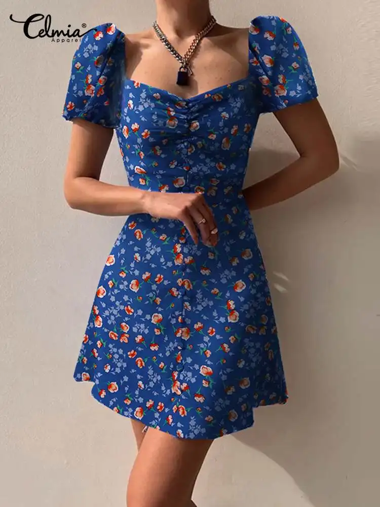 

Цветочный Тонкий короткий халат Celmia, элегантный летний модный Мини Сарафан с пышными рукавами, женское пикантное вечернее платье с квадрат...