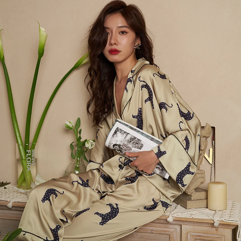Luxury Ladies Homewear Silk Print Long Sleeve Ladies Pajama Set 2 Pieces With Pant Summer Spring Satin Pyjama For Female 2022