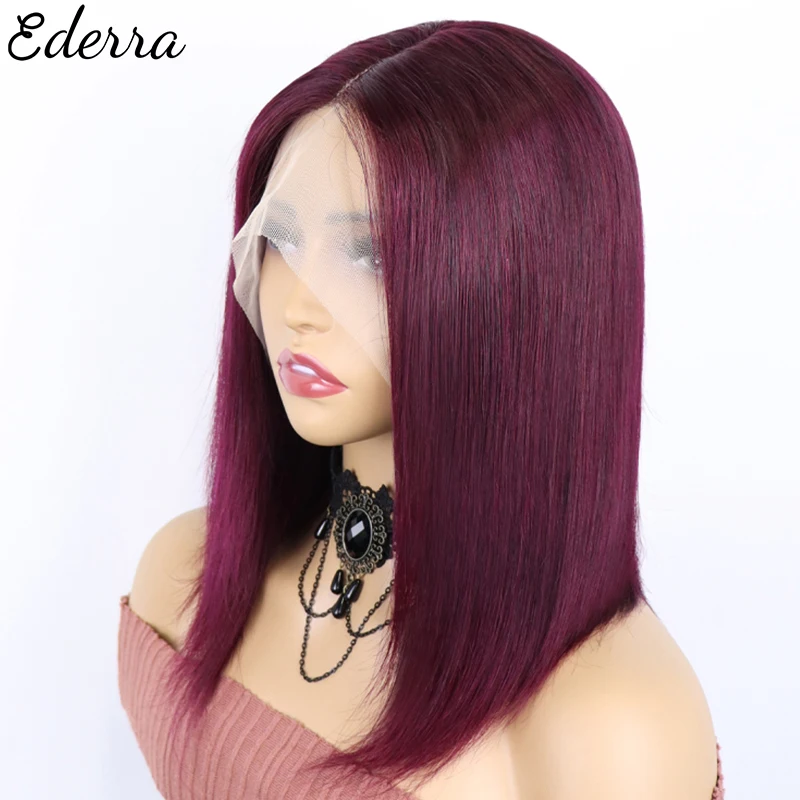 99J Burgundy Red Color Short Bob Wig Brazilian Human Hair Transparent HD 13x1 Lace Front Wigs For Women Blunt Cut Bone Straight