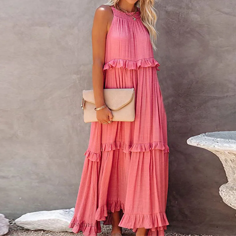 

Однотонное длинное платье оверсайз без рукавов, женское летнее платье с оборками, Женский праздничный сарафан на завязках, Vestido Playa