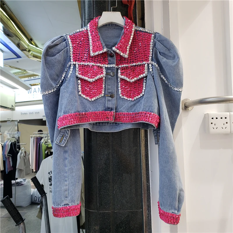 2022 Autumn New Cowboy Coat for Women Heavy Industry Pink Rhinestone Short Puff Sleeve Denim Jacket Female Jean Cropped Jackets