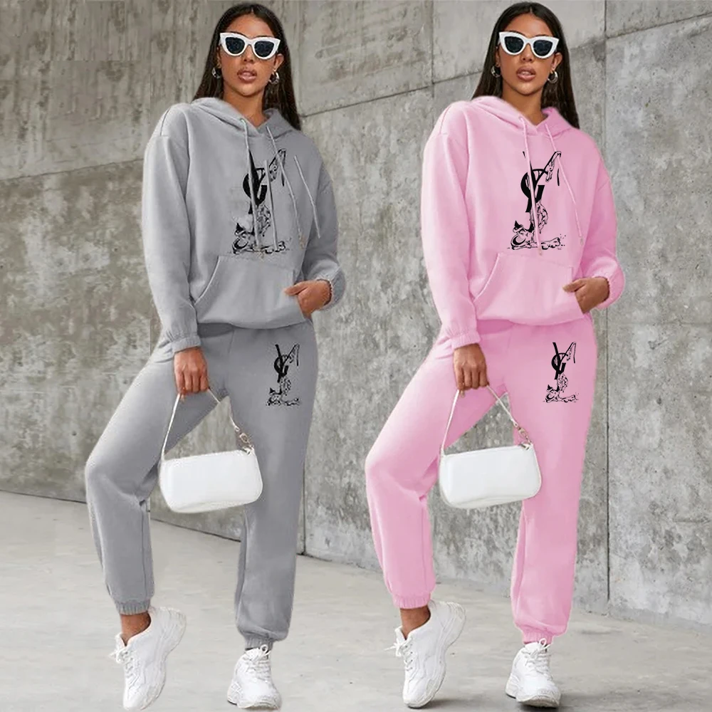 

Women Winter Sportswear Clothing 2-Pcs Set Printing Hooded Sweatshirt+Sweatpants Casual Jogging Suit For Female Outwear+Trousers