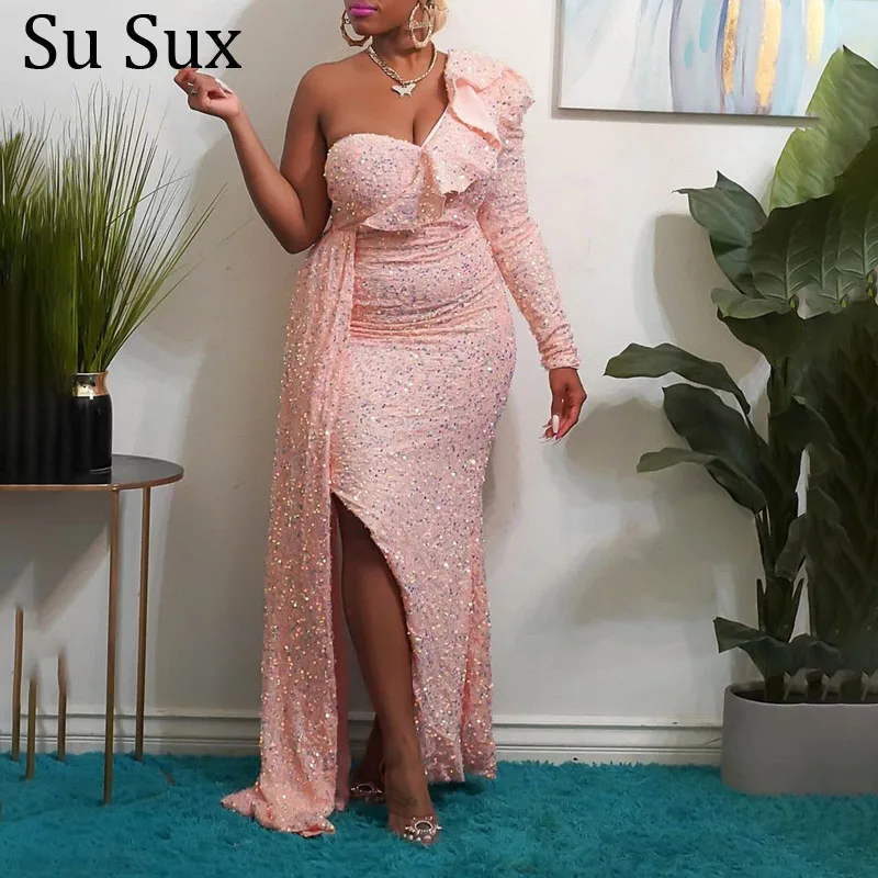 

African Dresses For Women Sequins Evening Party Maxi Dress African Clothes Robe Prom Single Shoulder Irregular Dress Wedding