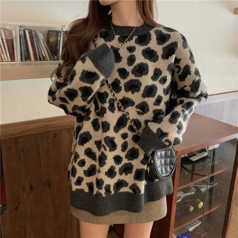 

Lazy Vintage Loose Sweaters Bottom Pullovers O Neck Long Sleeve Leopard Sweater Women Knitwear Print Tops Casual Autumn Jumpers