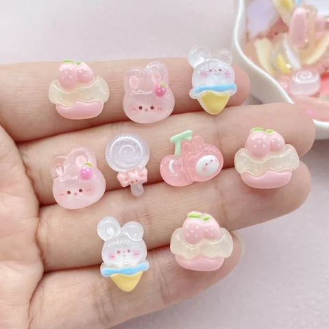 20 шт., милые аксессуары для дизайна ногтей из смолы, мультяшная вишня, кролик, мороженое, украшение на плоской спине, изготовление ювелирных изделий, маникюр, Hairwea