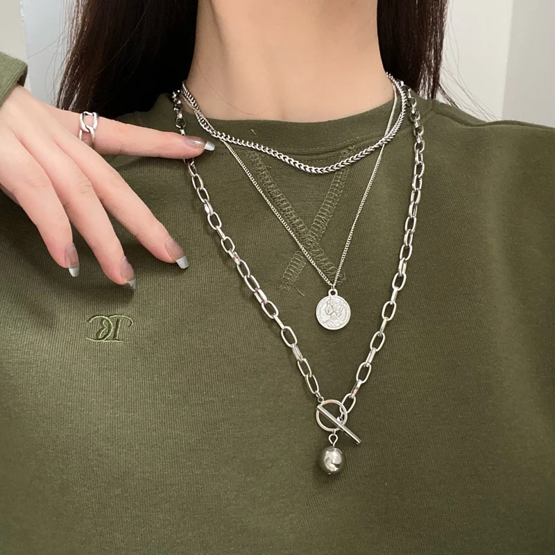 

Punk T Bar Men's Necklace New Stylish Coin Pendant Necklace for Women Multi Row Link Chains Gothic Hip Hop Jewelry Party 458