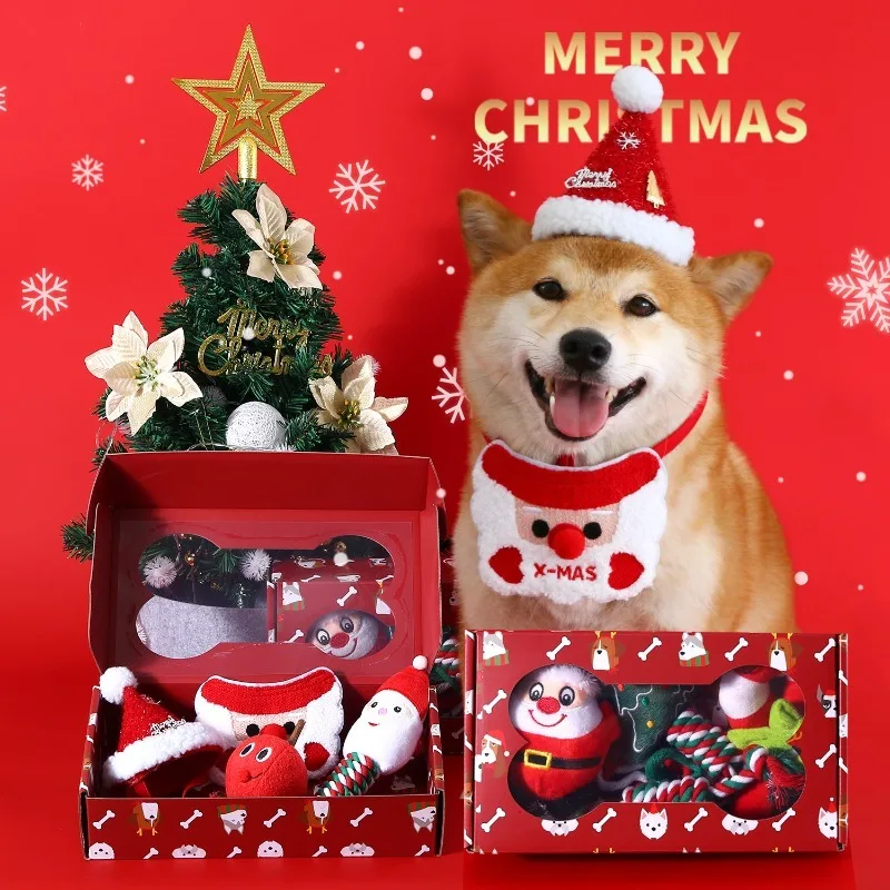 

2023 Pet Dog Christmas Gift Box Hat Bib Plush Sound Knot Toy Apple Set Old Man Tree Gift