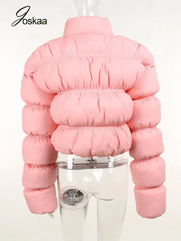 Joskaa Pink Stand Collar Long Sleeve Puffer Jacket Winter Clothes Women Hipster Zipper Folds Parkas Fashion Coats 2022 Outerwear