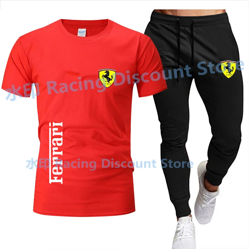 

Summer New Formula 1 Leclerc Men's Suit Sportswear Cotton Fitness Running Fashion Brand Short Sleeve Shirt T-shirt + Jogging Pan