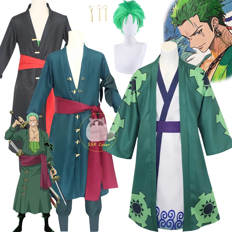 Bilibili Roronoa Zoro Косплей Костюм Аниме ONE PIECE Зоро Кимоно Плащ Униформа Серьги Парик