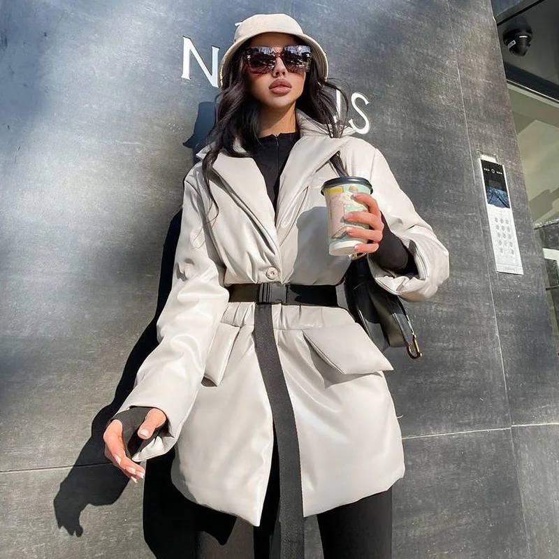 Autumn and Winter Waist Mid-length 2021 Fashion Padded Jacket with Lapel Temperament Pure Color Bright Face Long-sleeved Jacket