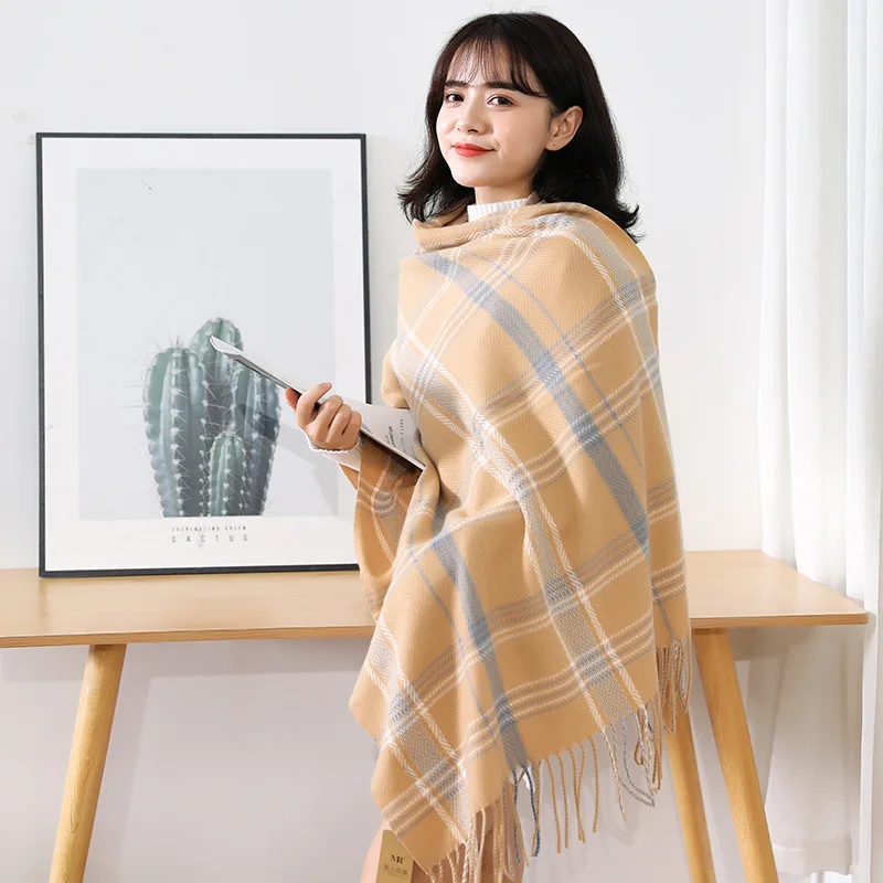 

Warm Cashmere Blend Shawl Scarves Plaid Print Pashmina Knit Wraps for Women Plus Size Bandana Wrap Gift Luxury Tassel Muffler