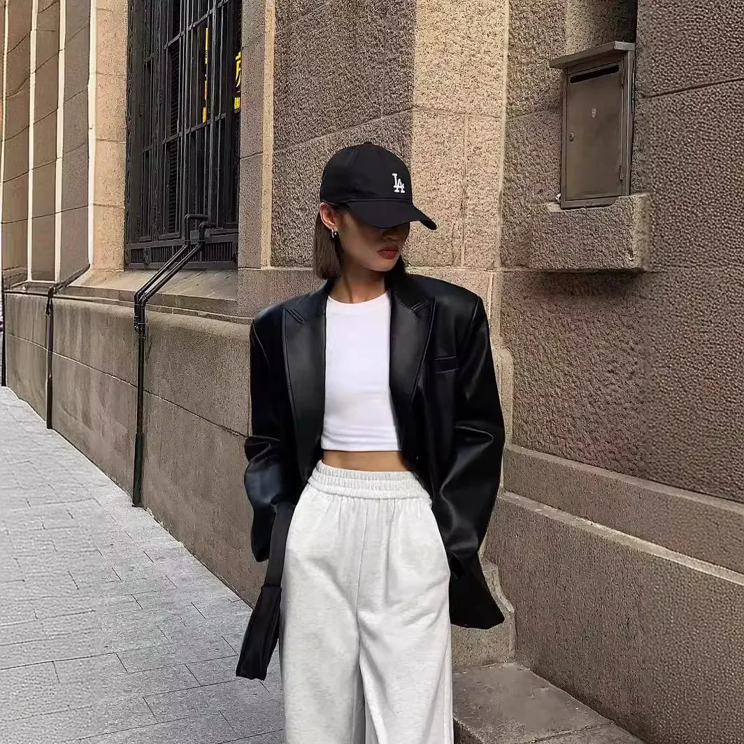 Женский черный пиджак из искусственной кожи WQAFVG