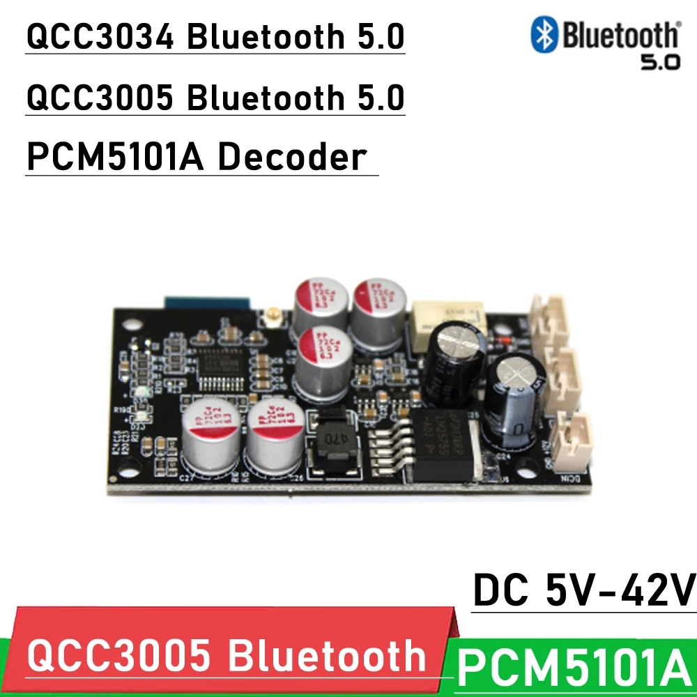 

QCC3005 QCC3034 Bluetooth 5.0 Receiver DAC Decoder Board Lossless PCM5101A 16bit 48KHZ AUX FOR HiFi POWER Amplifier 12V 24V DC