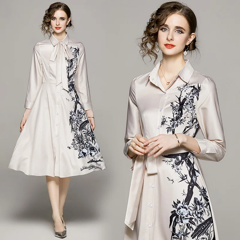 

European Fashion Slim Position Print Dress Women's 2023 Spring High-quality Print Shirt Dress Elegant Office Dresses with Belt