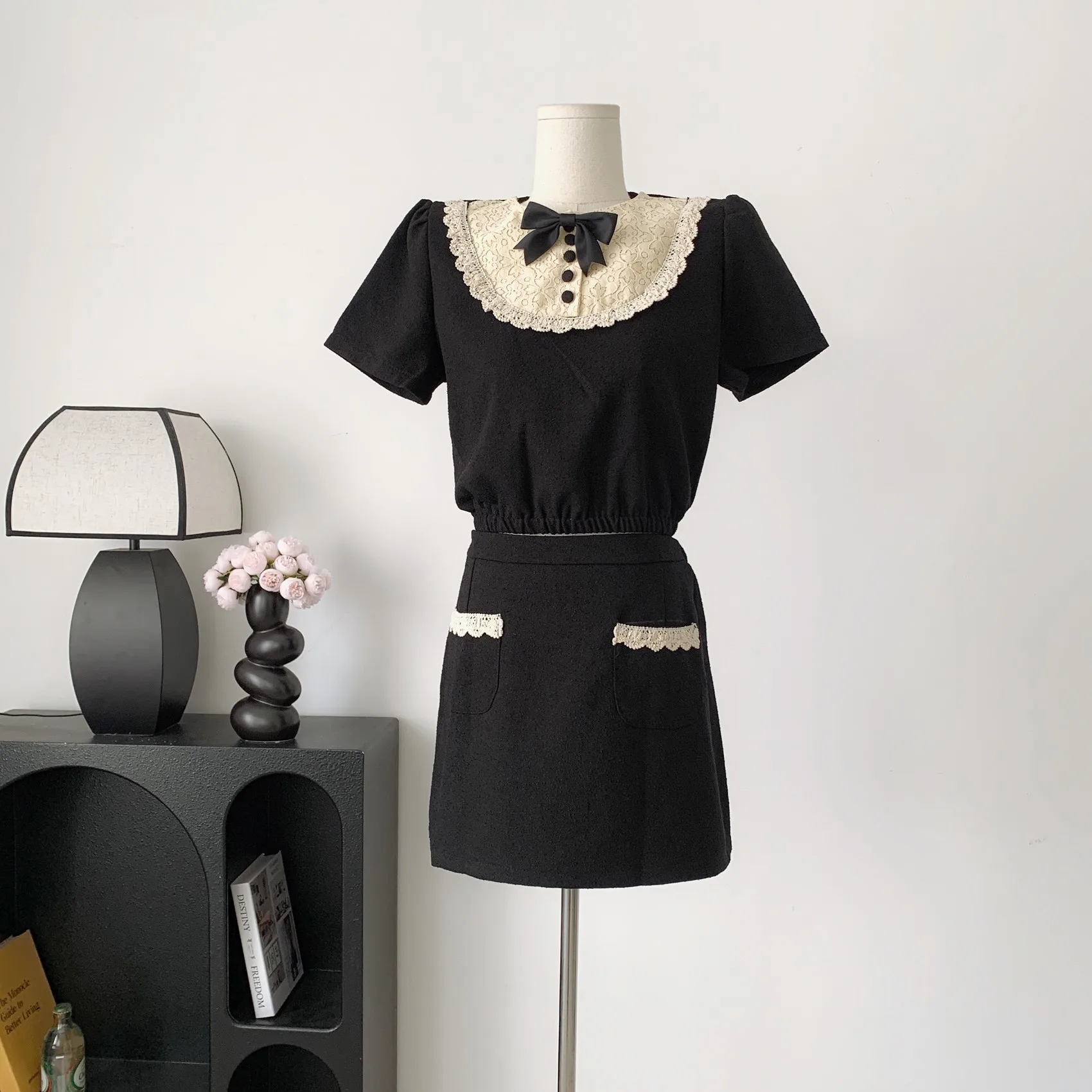 

Летний костюм, элегантная кружевная Лоскутная футболка с коротким рукавом и высокой талией для женщин