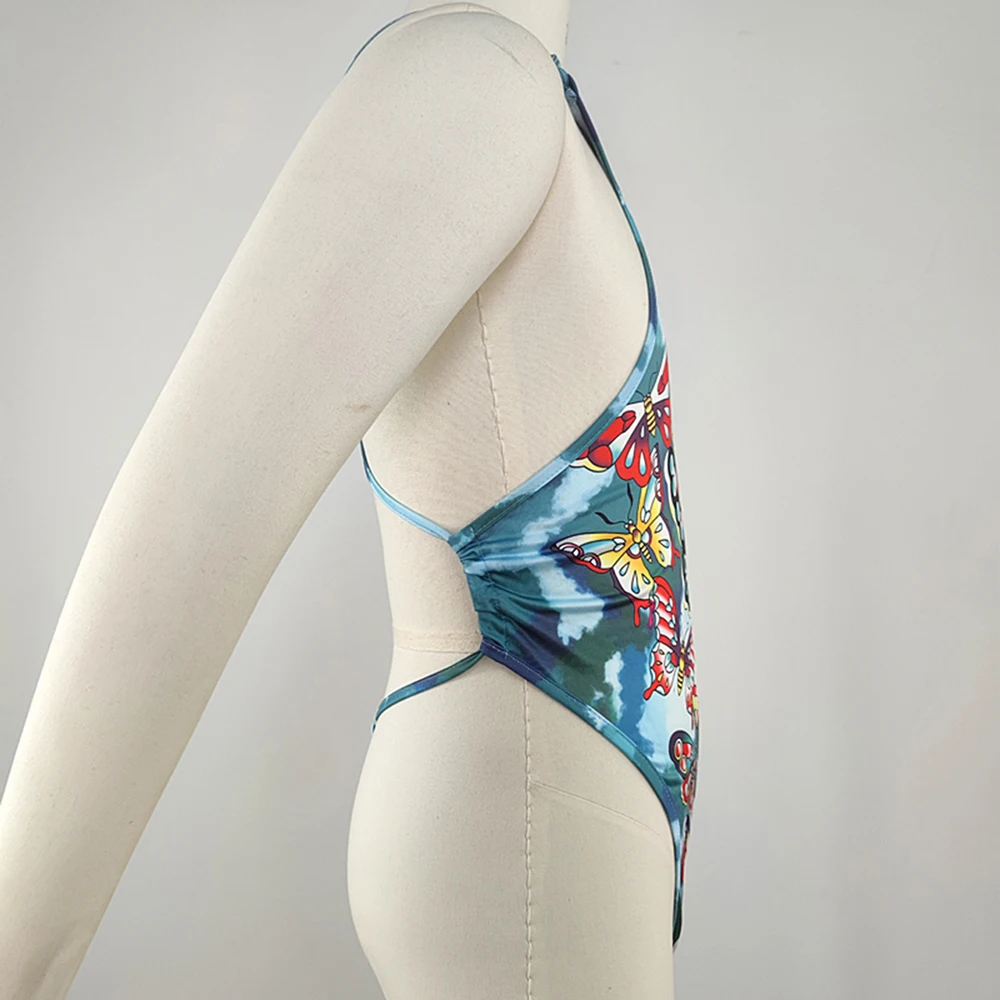 Men's Sexy Nightclub One-piece Suit Summer New LGBT T-shaped Pants Fitness Man Sexy Lingerie Jumpsuit Butterfly Printed Bodysuit