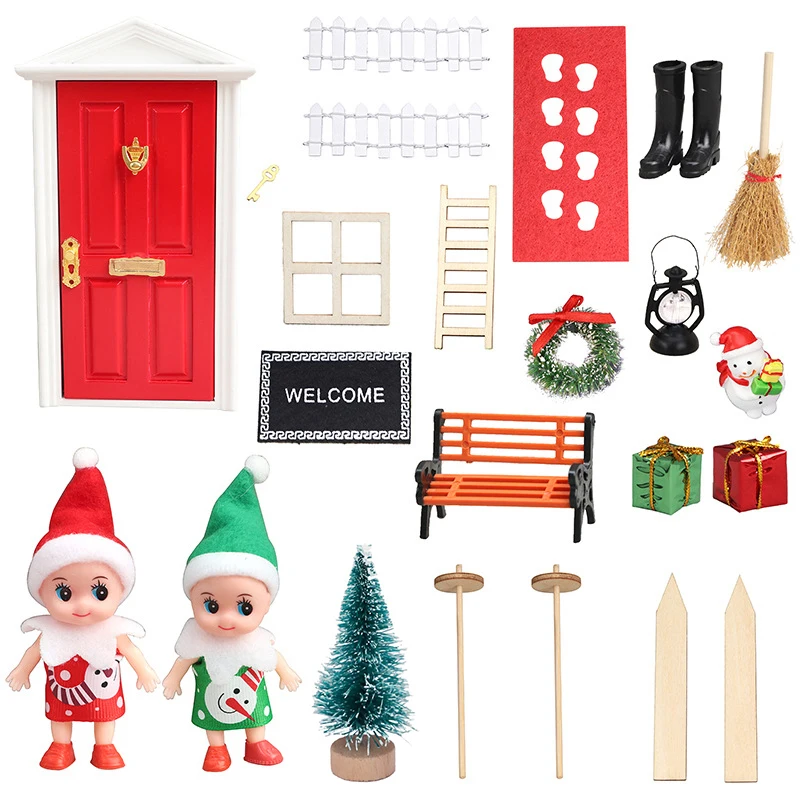 

1 Набор 1:12 миниатюрные рождественские украшения для кукольного домика, эльфская дверь, сани, скамейка для кукол, Рождественская сцена, декор...