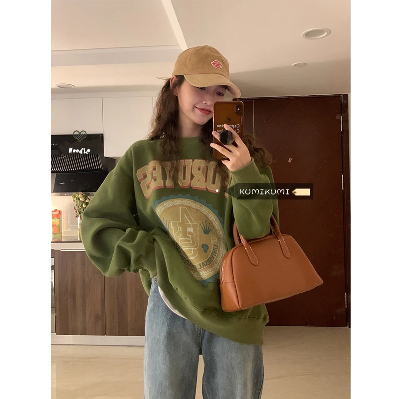 

Women's Round Neck Letter Print Retro Green Thin Sweatshirt Vintage Streetwear Loose Pullover Graphic Sweatshirt Hip Hop Y2k Top