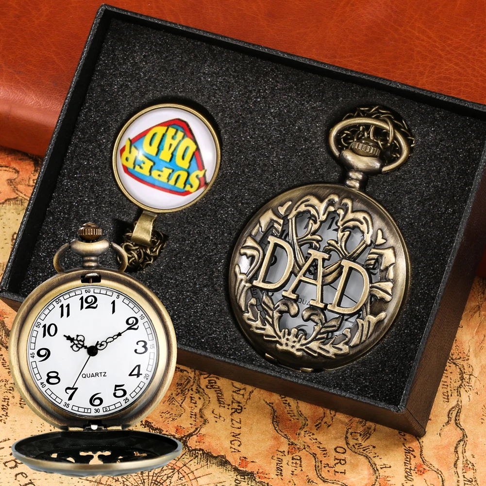 Mens Quartz Pocket Watch Antique Steampunk Bronze Pocket Watch Gifts Set for Father's Day Necklace Pedent with Chain Fob Clock