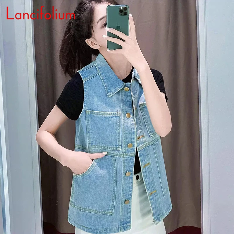 

Синяя джинсовая женская жилетка 2023 винтажный мешковатый корейский черный без рукавов с 4 карманами на пуговицах Базовый Топ Харадзюку Джинсовая безрукавка куртка