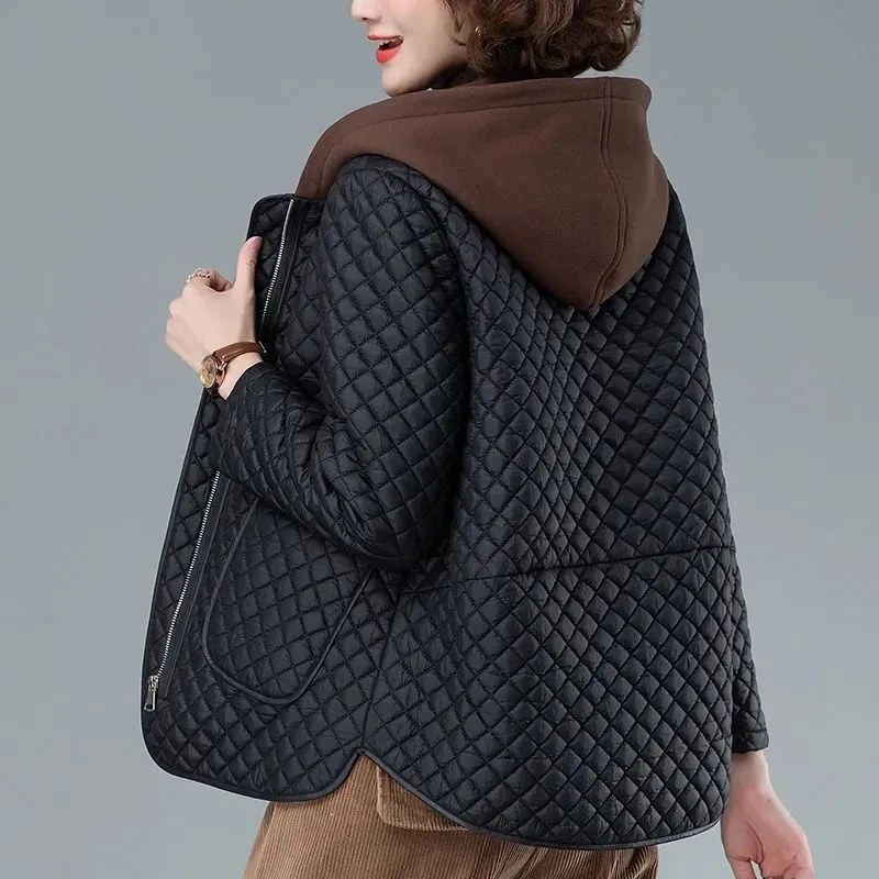 Short Hooded Women's Cotton Coat Autumn Winter Mother Outerwear New Loose Folder Cotton Thicken Lingge Ladies Keep Warm Jacket