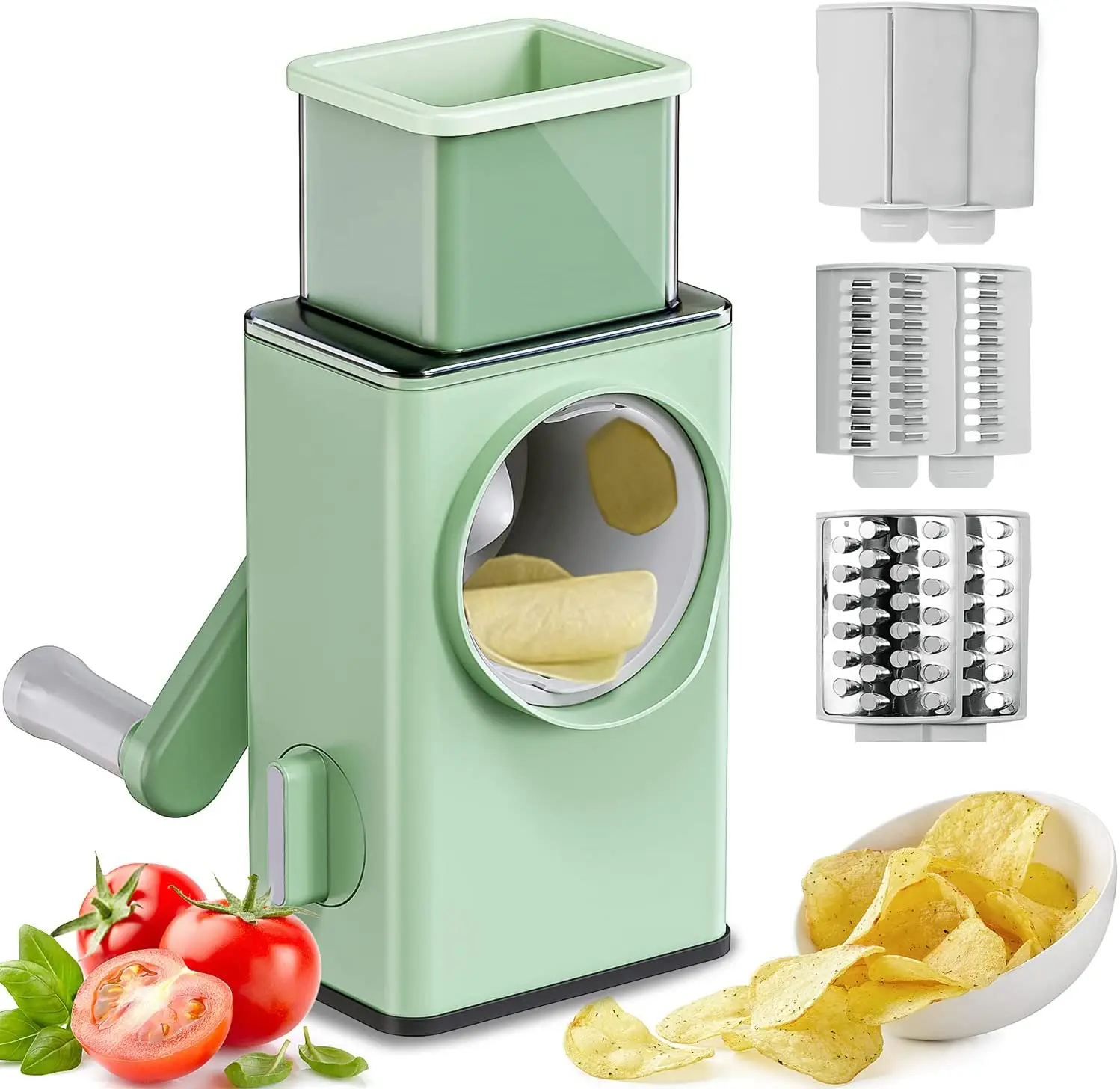 

Multifunctional Slicer Cutter for Kitchen Vegetable Cheese Shredder with Handle, Enlarged Feeder Chute and 3 Drum Blades