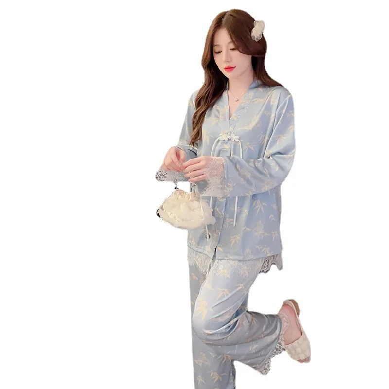 2023 Spring New Ice Silk Pajamas Women's Suit Long-Sleeved Trousers Chinese Retro Buckle Bamboo Suit Home Wear