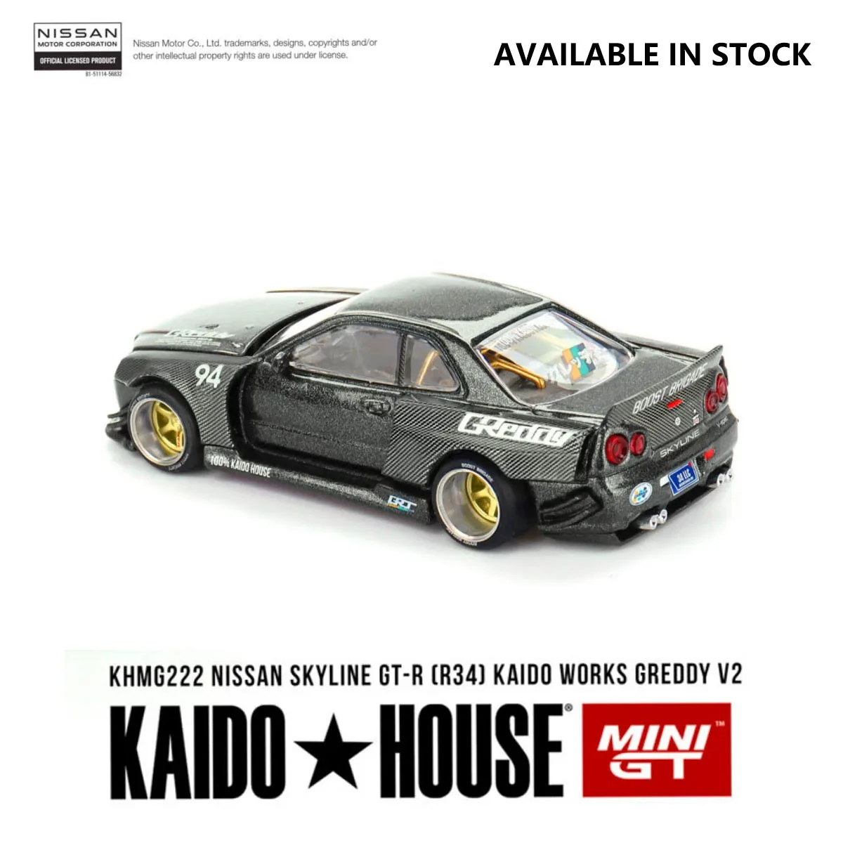 Фото Миниатюрная модель автомобиля Mini GT x Kaido House 1:64 Nissan Skyline GT-R R34 Kaido Works Greddy V2 из полностью карбонового сплава # KHMG222 В наличии №5