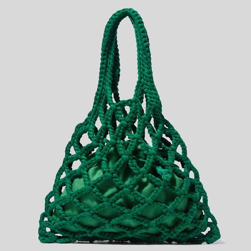 

FUNMARDI Casual Summer Beach Bag Bucket Tote Bag New Cotton Linen Woven Women Handbags Designer Braided Crochet Net Bag WLHB2742