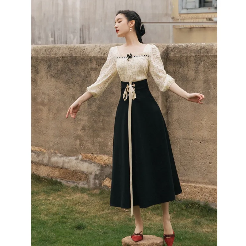 

Spring Autumn Women 2 Piece Set Modern Vintage Outfits Slim Royal Square Collar Lace Shirt & Black Patchwork Bandage Skirt Falda