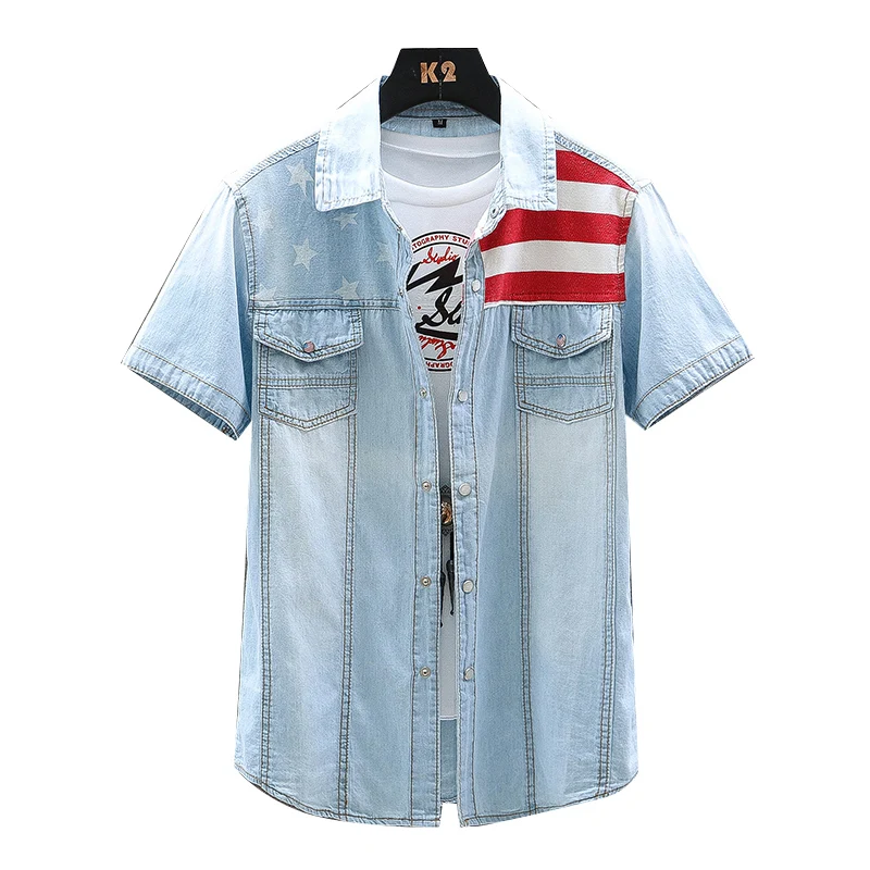 New vintage men's fashion American Flag denim shirt short sleeve light blue jeans shirt free shipping Top quality
