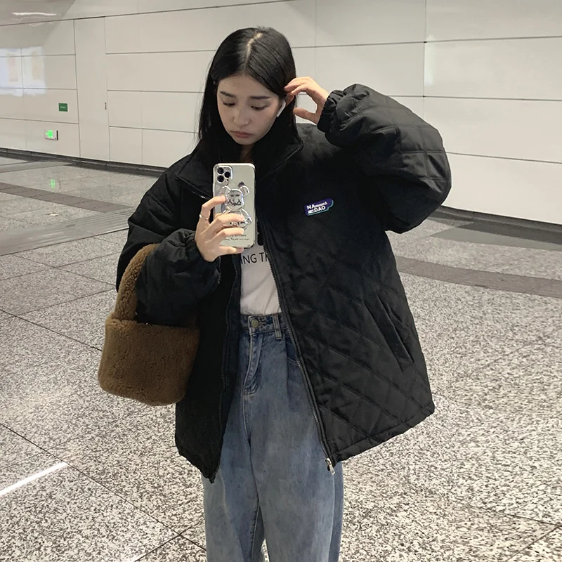 Fashion Women Winter Jacket Stand Collar Oversized Female Cotton Padded Coat Solid Black Khaki Female Parkas Clothes