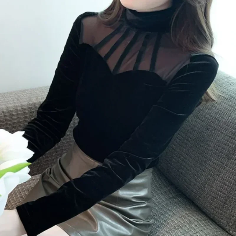 Осенне-зимняя женская футболка с длинным рукавом сетчатый топ сексуальная