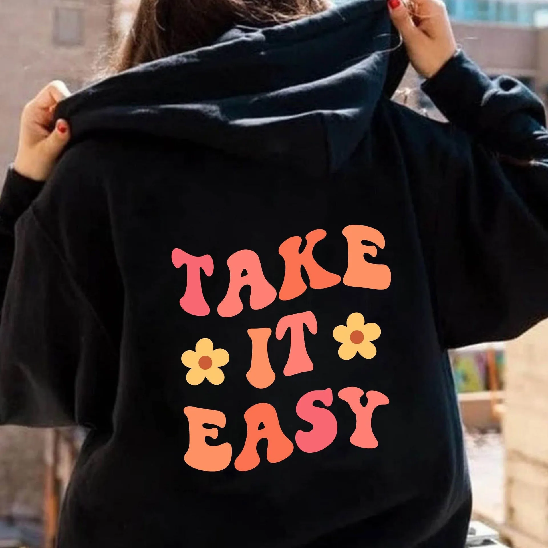 

Back Lettering Floral Pattern Print Top Pullover Loose Hooded Simple Fashion Men's Thermal Sweatshirt Autumn and Winter