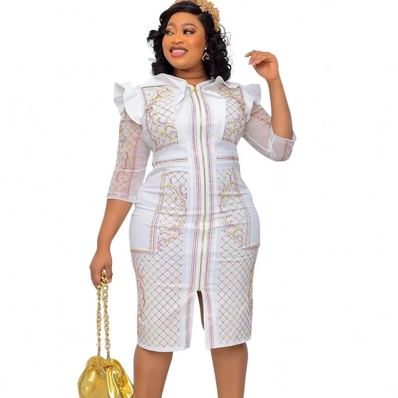 

Elegant Party Diamond Dress Fashion Gorgeous African Dresses For Women Black White Stretch African Clothes Summer Autumn XL 5XL
