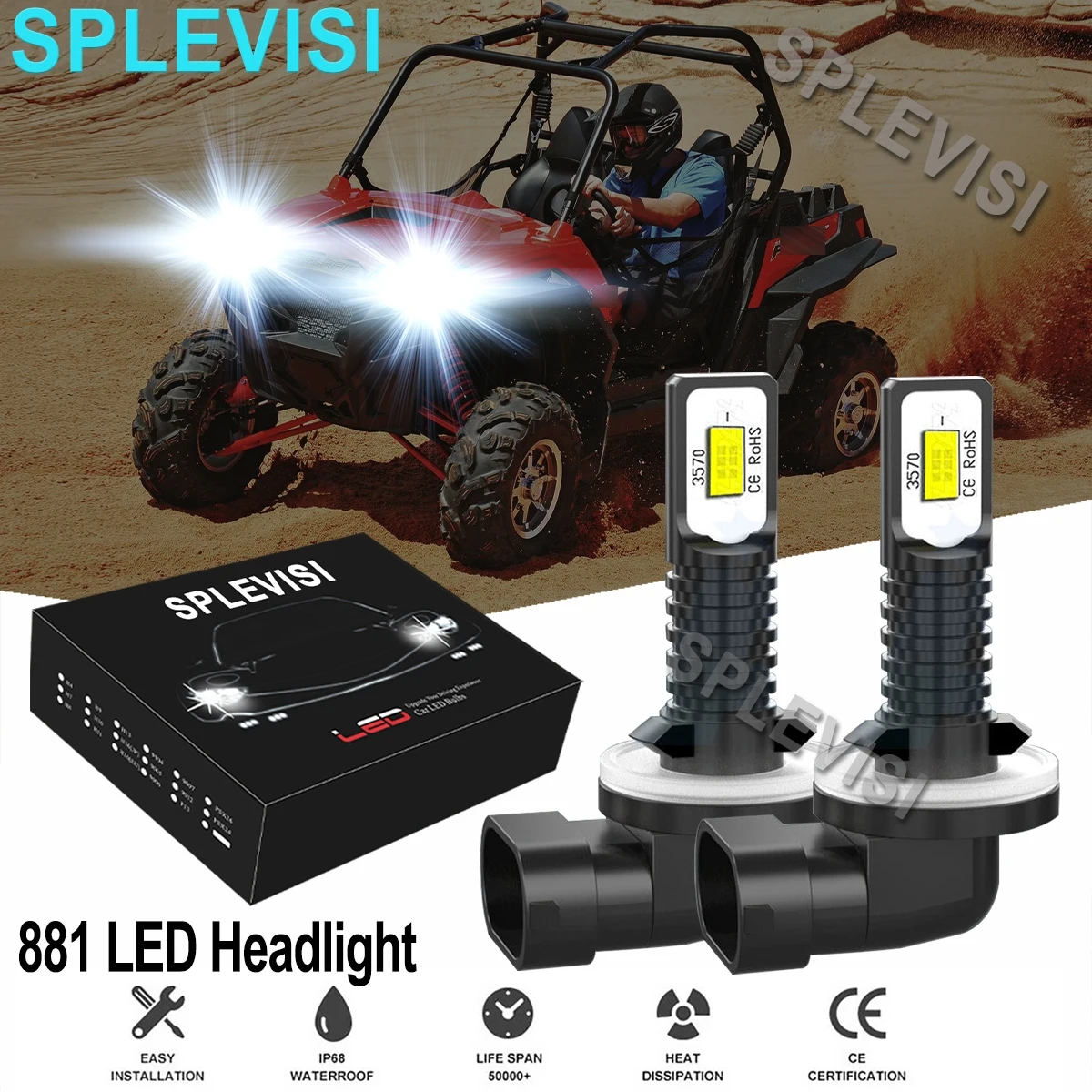 2x 70W LED Headlight Bulbs Pure White  6000K For Polaris Ranger 700 RZR 500 800 900 ATV