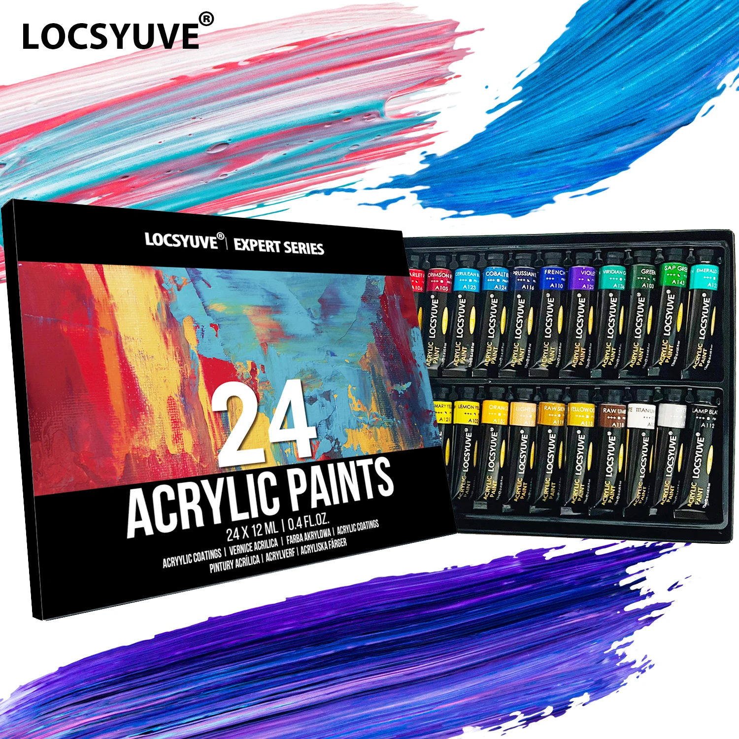 

Locsyuve Acrylic Paint Set of 24 Colors Tubes (12 ml/0.4 oz) Non toxic & Rich Pigments Acrylic Paint Kits for Beginners & Artist